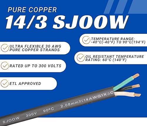 Miniatura 2 de Cable SJOOW de 25 pies 143 14 AWG 3 conductores SO Cable - Calibre 14 3 conductores (cable 143) Cable de extensión de alimentación portátil de 300 V