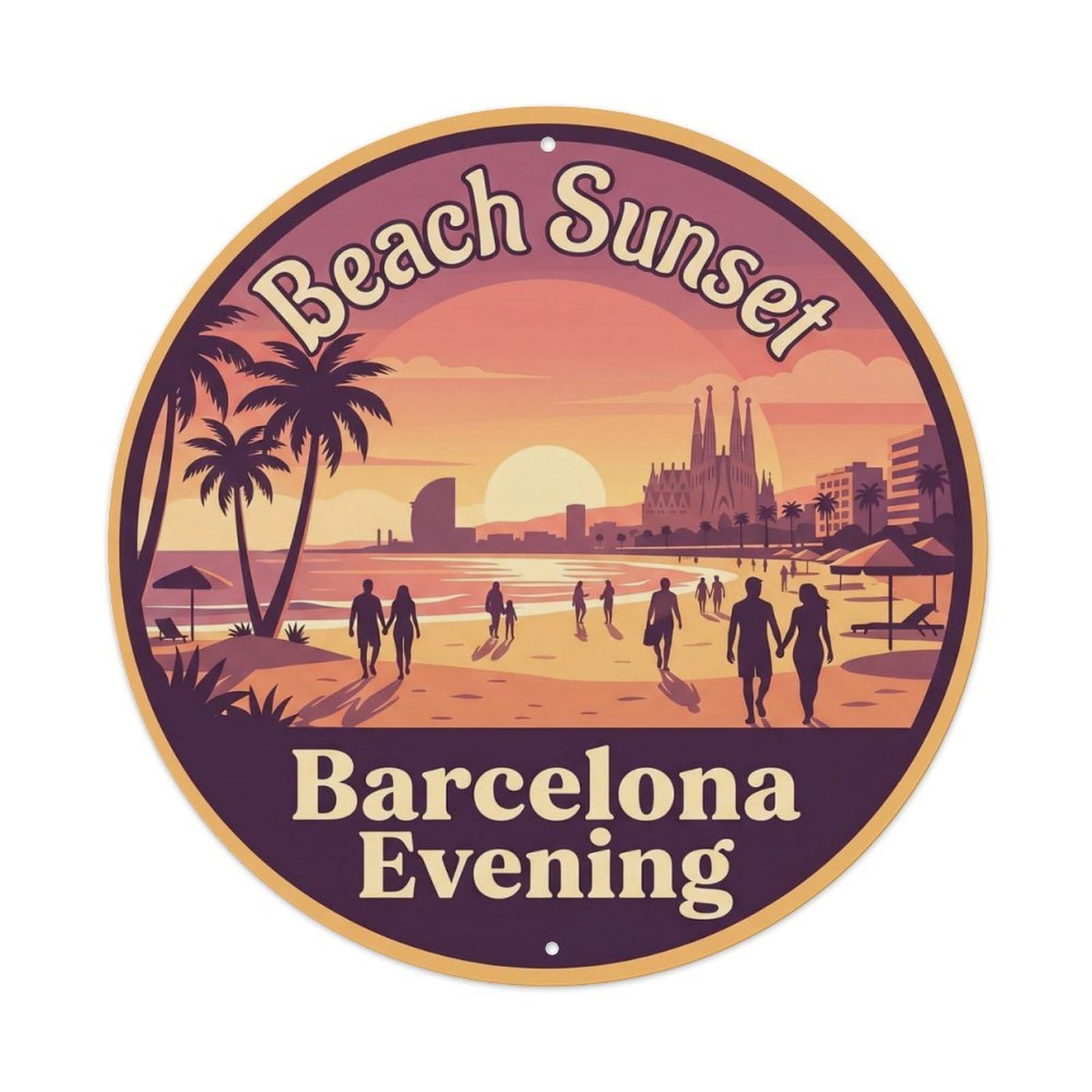 Barcelona Spanish European Beach Classic Sunset Europe Metal Tin Sign Plaque Wall Decor for Cafe, Man Cave, Club Bar, Office, Home Garden Round Metal Poster 8x8Inch
