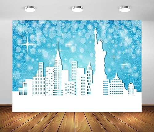 Miniatura 8 de BELECO Telón de fondo de tela de 7 x 5 pies con diseño de Feliz Navidad en Nueva York, escena de nieve, puntos con purpurina azul, estrellas,