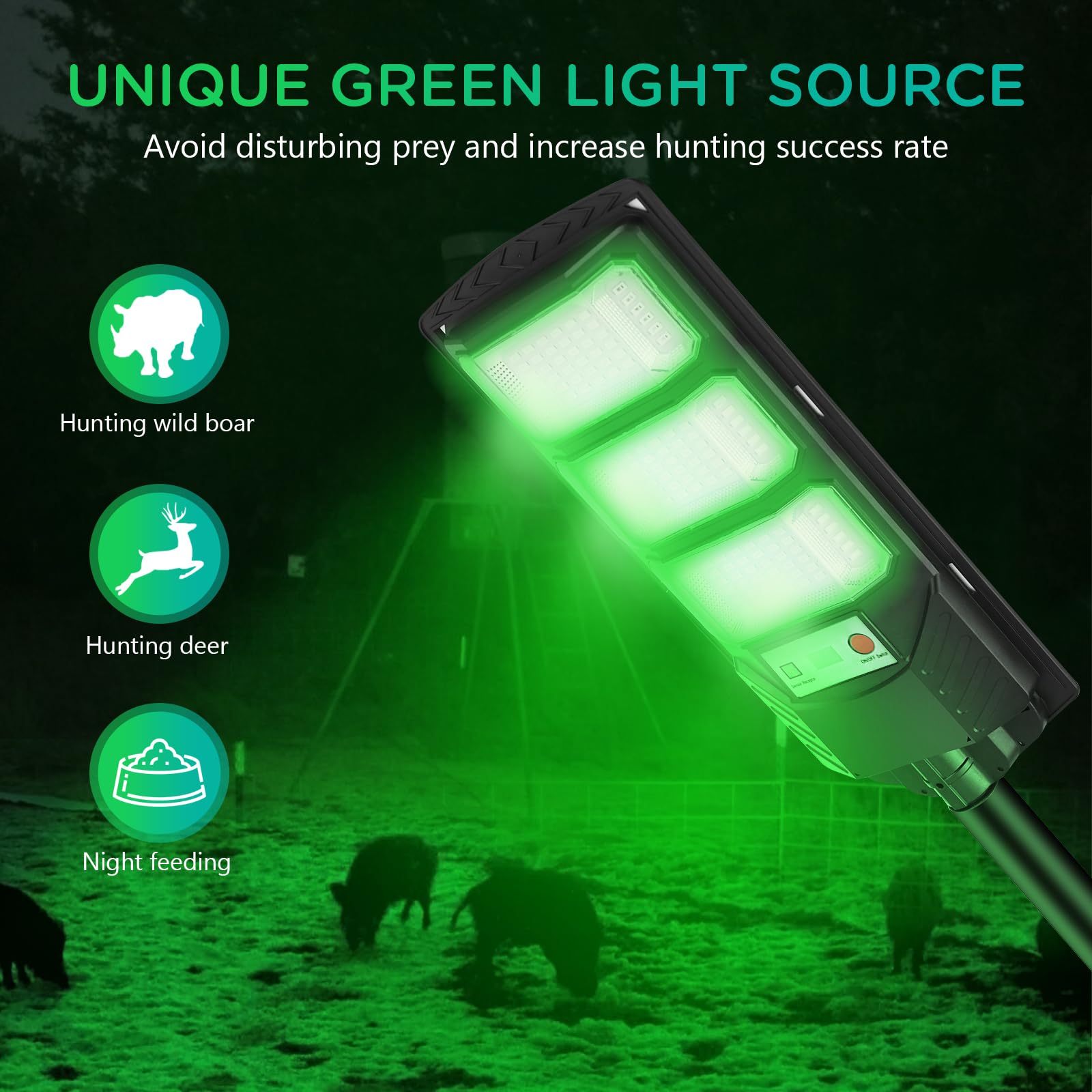Hog Lights for Night Hunting, Zuomeng Solar Green Light, Motion Activated Feeder Light with 300ft Remote Alarm, Outdoor Wireless Lighting for Boar, Deer