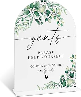 Wedding Bathroom Gents Sign with Holder, 6x8" Greenery Acrylic Wedding Signs for Reception, Bathroom Basket Sign for Bridal Shower & Engagement Party Decorations