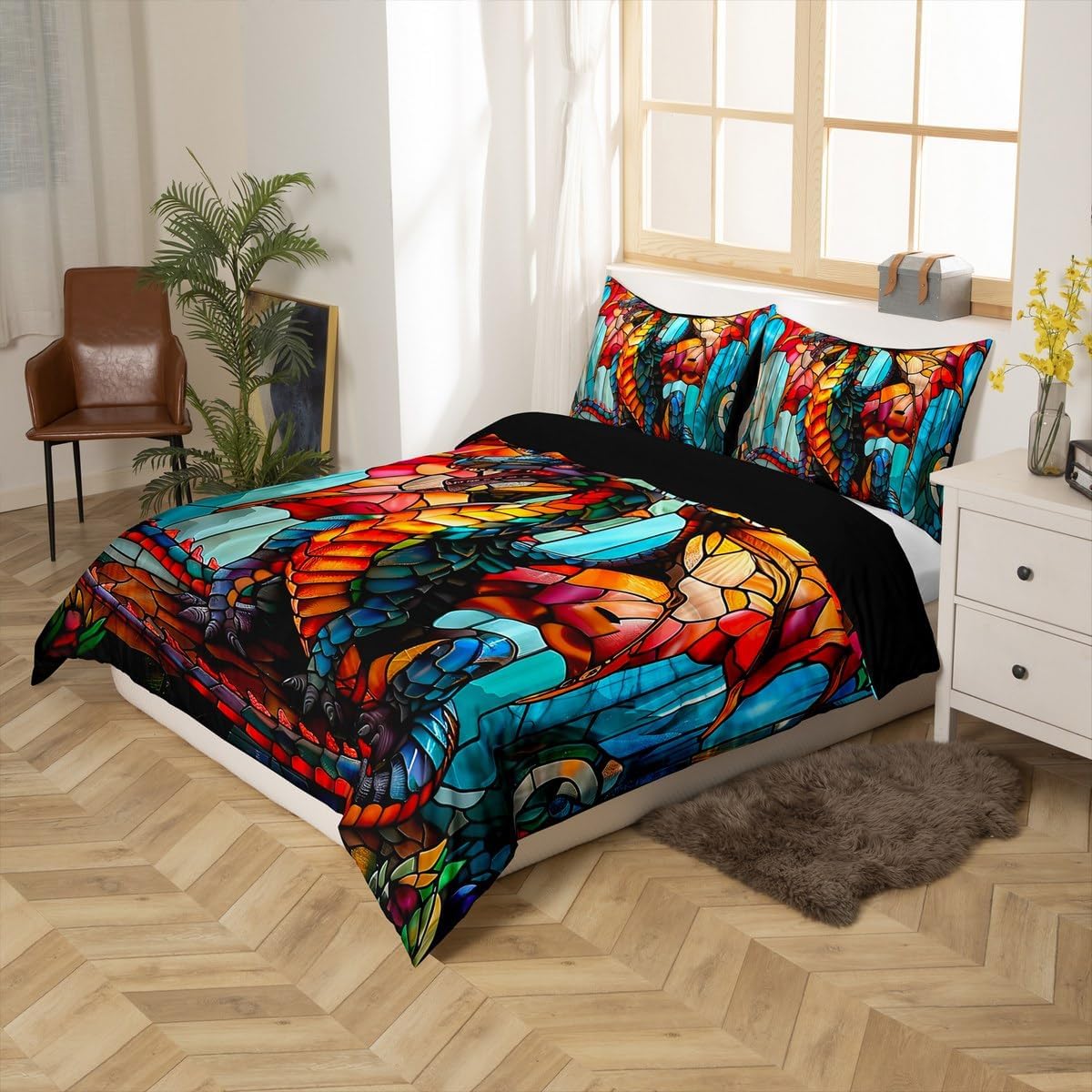 Stained Glass Dragon Duvet Cover Set Toddler,Western Magical Animal Bedding Set Kids Boys Girls Room Decor,Wildlife Vintage Colorful Pattern Comforter Cover 2Pcs,Dragon Bedspreads Cover,1 Pillowcase