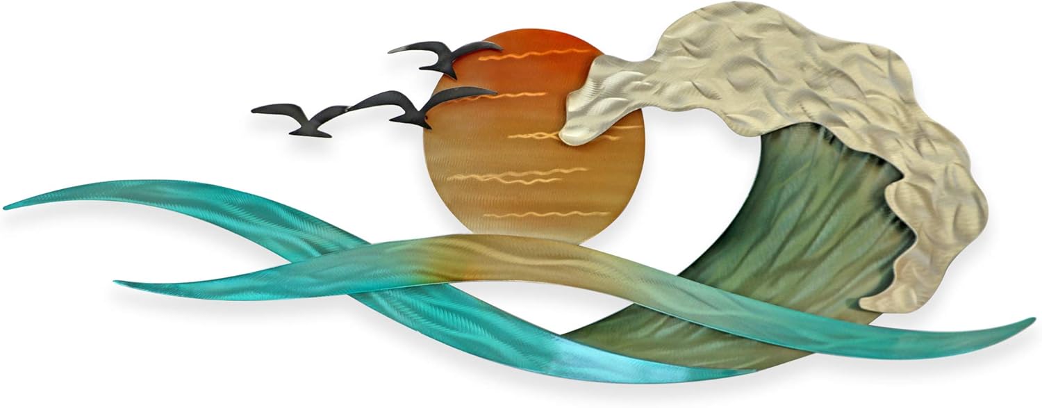 T.I. Design Waves and Blazing Sun | Contemporary Coastal Beach Ocean Stainless Steel Metal Wall Décor
