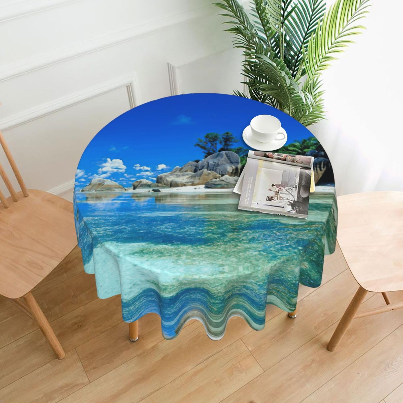 Zcmkjlg Beautiful Beaches Print Quick Ship Round Tablecloth 60in Polyester Washable Cover for Dining Room