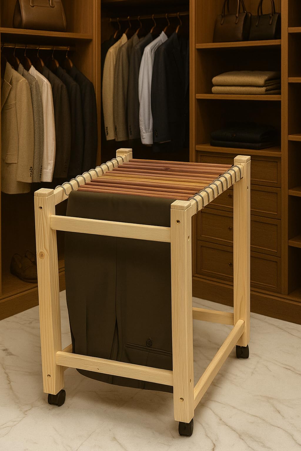 Cedar Elements Perchas de pino macizo con ruedas para pantalones (resistentes con 16 varillas colgantes de cedro rojo) sin terminar