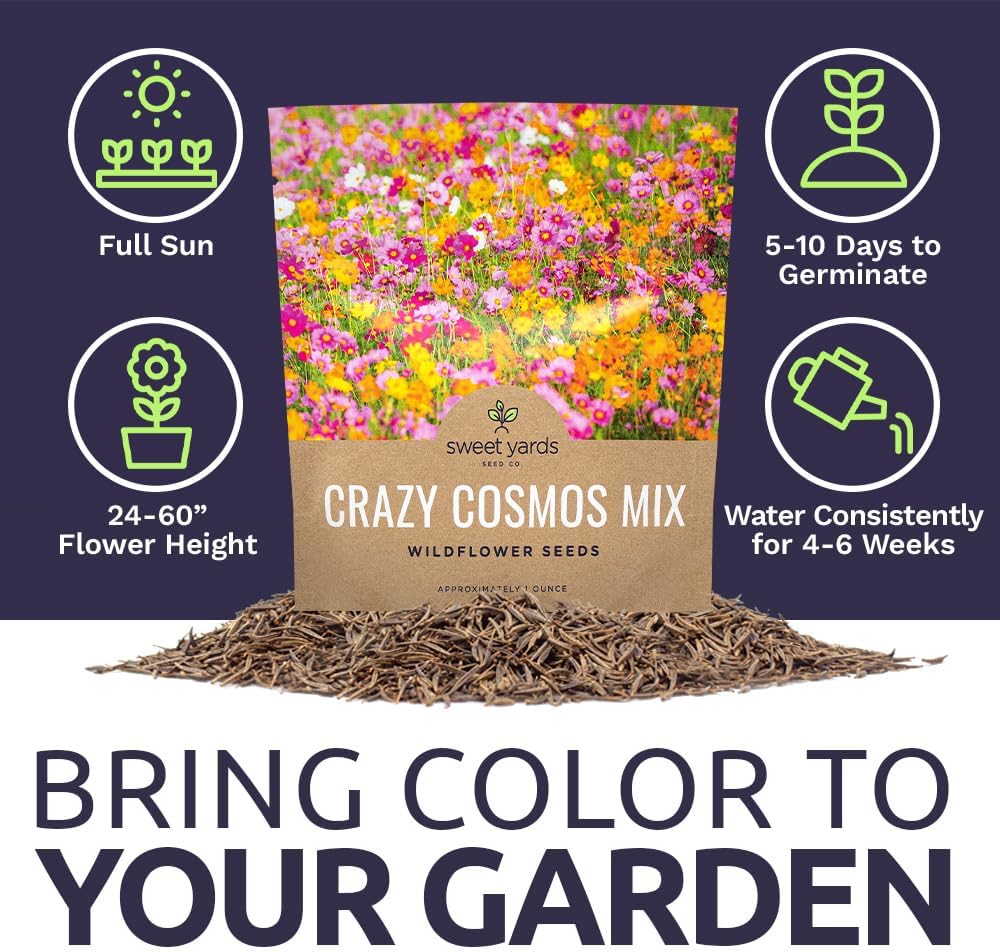 Cosmos Seeds Wildflower Mixture - Bulk Quarter Pound Bag - Over 20,000 Seeds - Pink, Yellow, Orange, Red, Purple and White Mixed Species! 1/4 Pound Bag