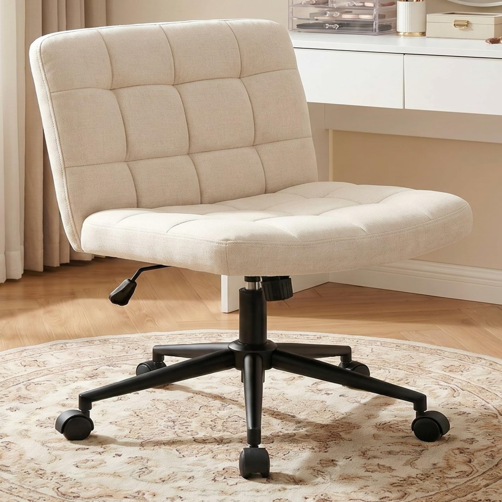 Clevich Bürostuhl Ohne Armlehne, breiter Schneidersitz Schreibtischstuhl, ergonomischer höhenverstellbar, moderner Drehstuhl mit Wippfunktion für Home Office und Schlafzimme (Leinen, Beige)