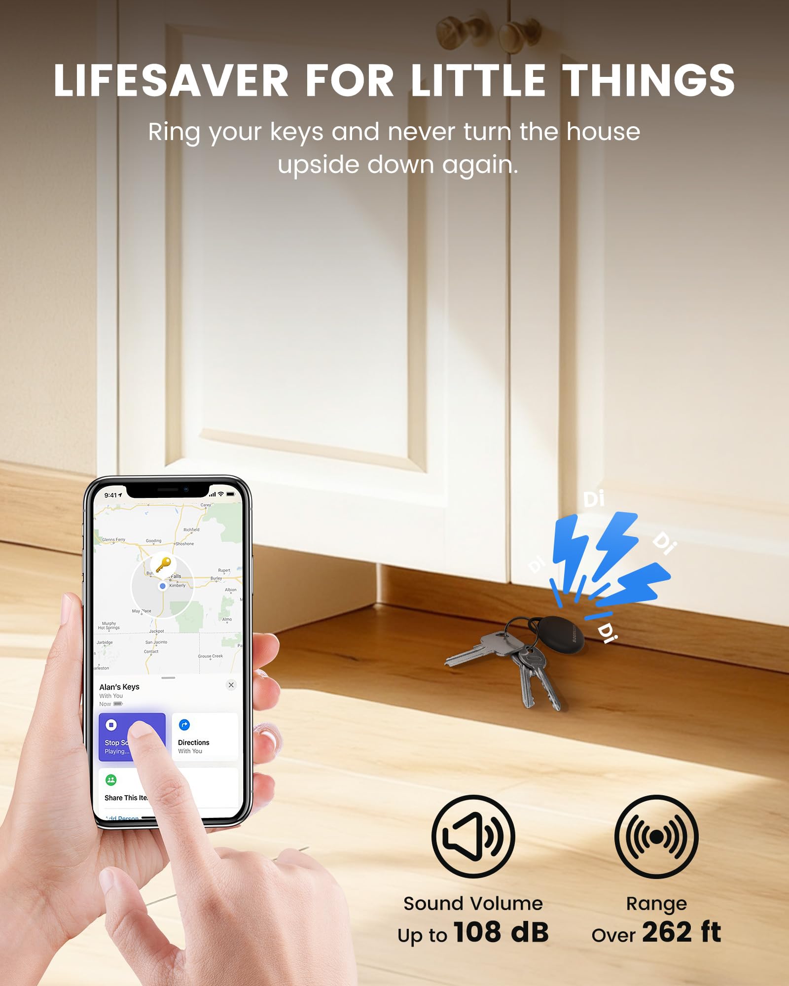 Confezione da 4 etichette per localizzatore, compatibili con Apple Find My (solo iOS), suono intelligente da 108 dB, Air Tracker con batteria di ricambio extra, localizzatore oggetti per