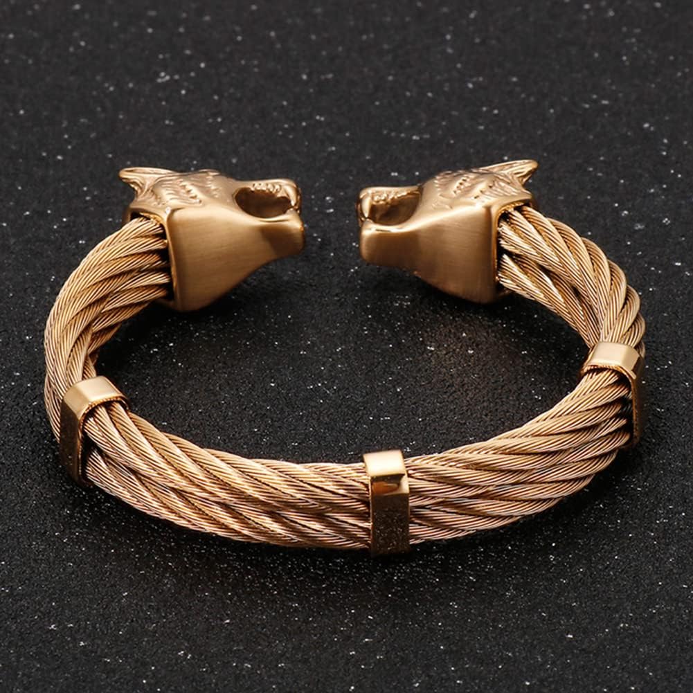 Men's Wolf Head Cuff Bangle Twisted Arm Ring, Stainless Steel Punk Biker Weave Hinged Wrist Chain Fenrir Viking Bracelet Pagan Amulet Jewelry