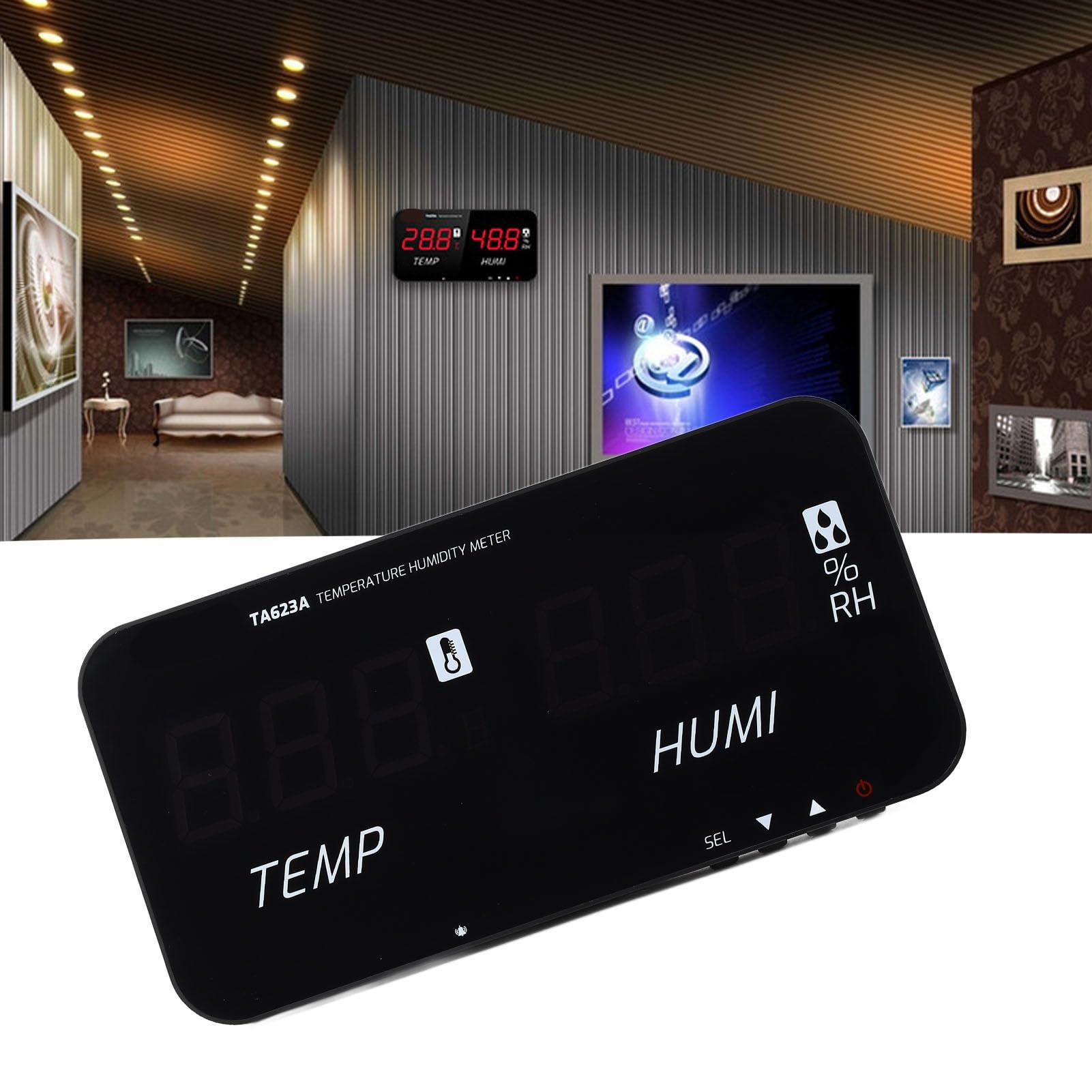 Medidor de temperatura y humedad higrómetro digital pantalla LED grande monitor de invernadero industrial sensor de alta precisión con alarma para oficina en casa ABS negro