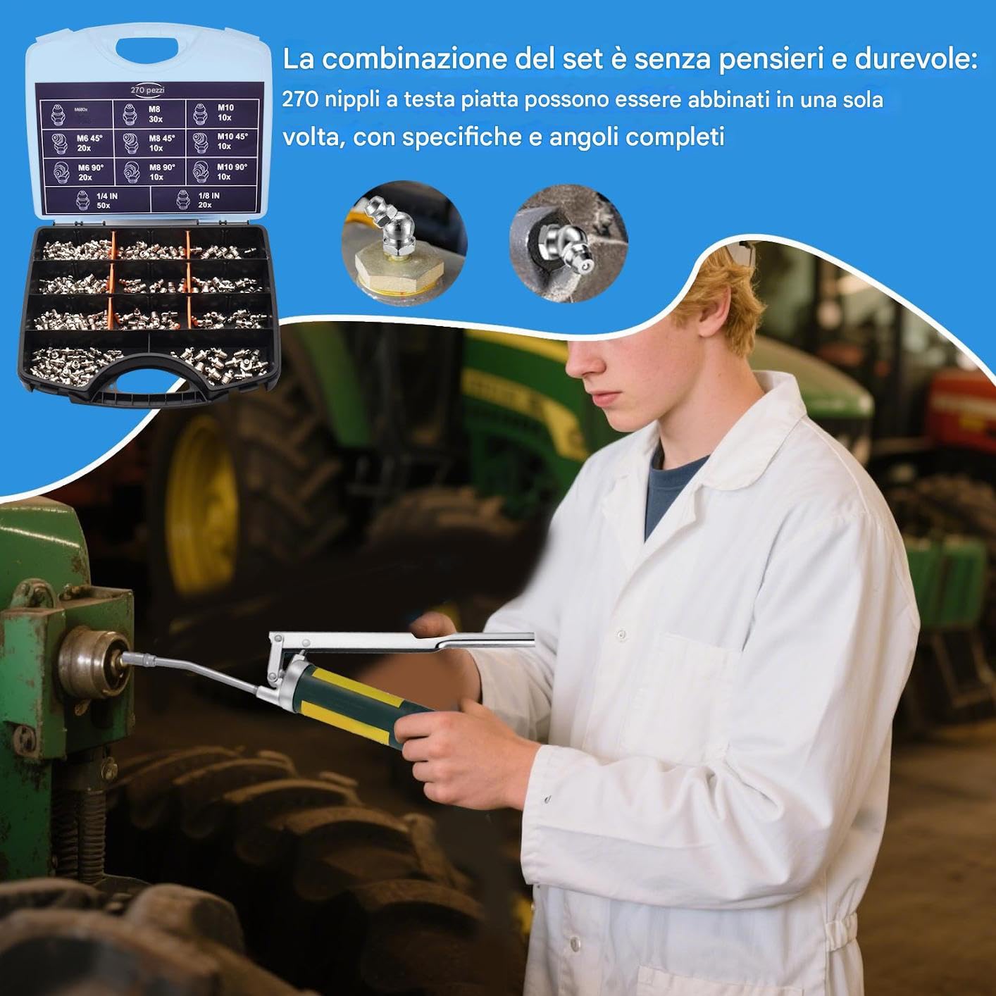 Assortimento di Ingrassatori Set Di Attrezzi Di Manutenzione Versatile E | Kit 270 Ingrassatori Assortiti per Lubrificazione Meccanica per Bici Auto Macchine Agricole e Attrezzature