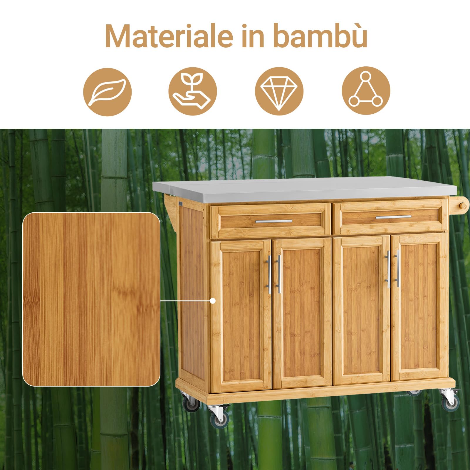 SoBuy Carrello Cucina con Ruote Isola Cucina con Piano di Lavoro Estensibile, 2 Cassetti e Ripiani Regolabili Mobile Salvaspazio per Mobili da Cucina Naturale 115 x (46-71) x 92 cm FKW69-N