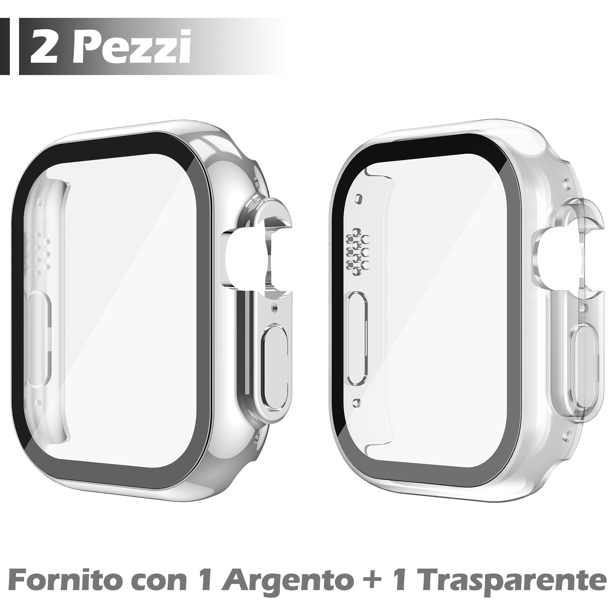 Misxi 2 Pezzi PC Cover con Protezione dello Schermo in Vetro Temperato Compatibile con Apple Watch Ultra 3 / Ultra 2 / Ultra 49mm, Custodia Leggera Anti-Caduta per iWatch, 1 Argento + 1 Trasparente