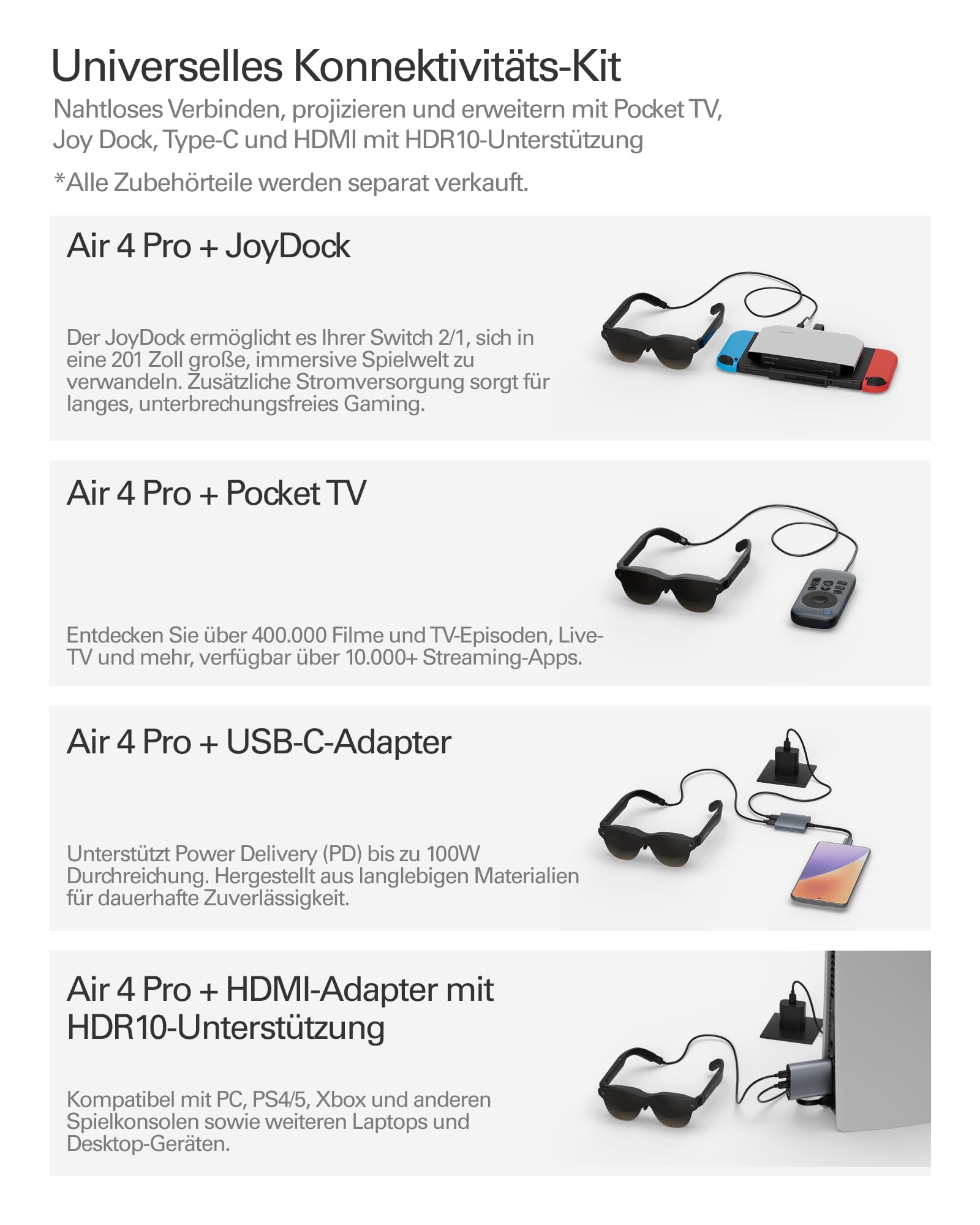 RayNeo Air 4 Pro AR/XR-Brille, HDR10-Display, Vision 4000 Chip, 201 Zoll Virtuelles Kino, 3D-Filme & Gaming Brillen für iPhone 17,16,15/Android/Switch 2/Mac/Steam Deck/PS4/5