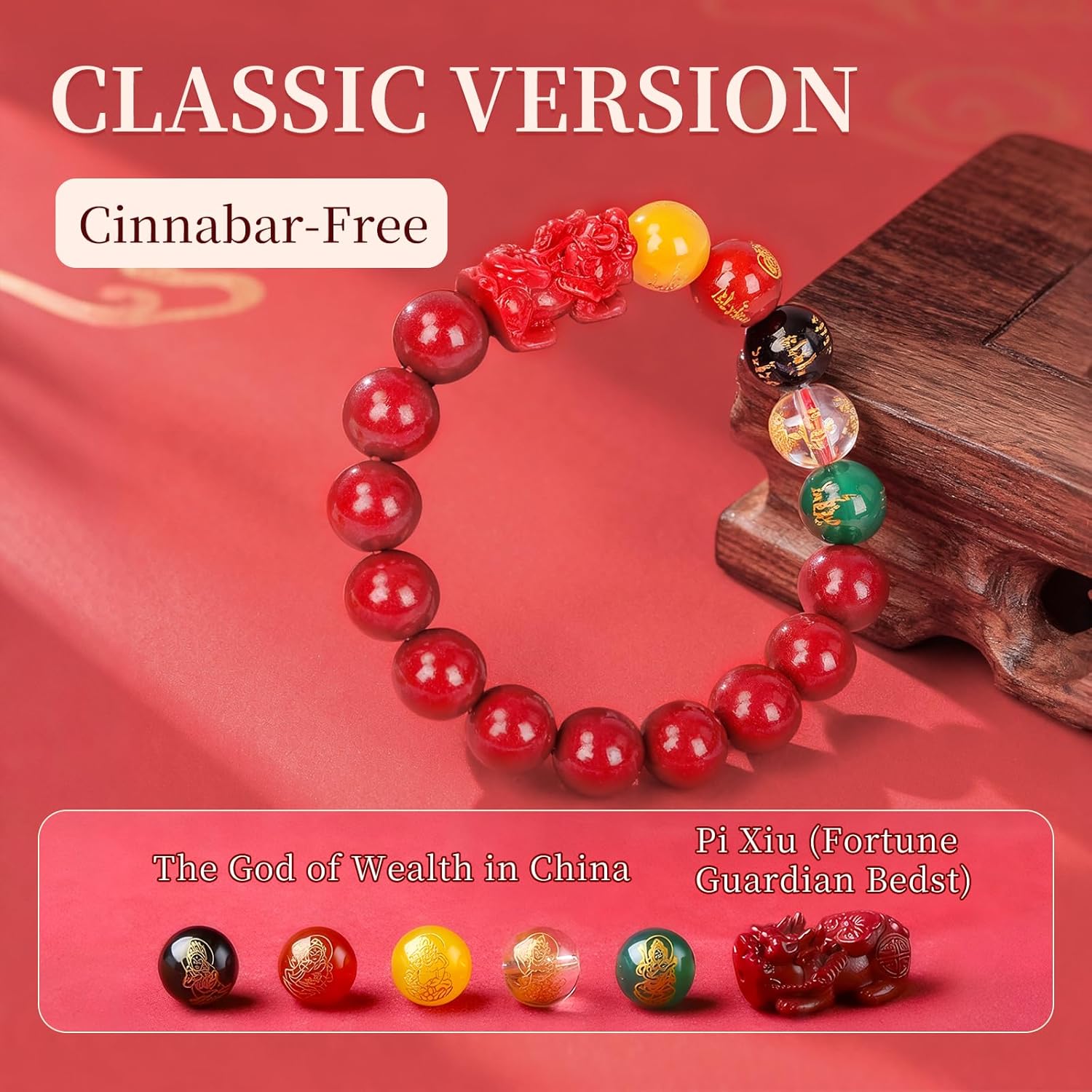 Five Roads Wealth God Cinnabar Pixiu Bracelet - Feng Shui Red String Bracelet for Good Luck & Money Attraction, Fortune Blessing for Men & Women, Adjustable Lucky Charm Bracelet (Classic & Cinnabar Options, 8/10/12mm)