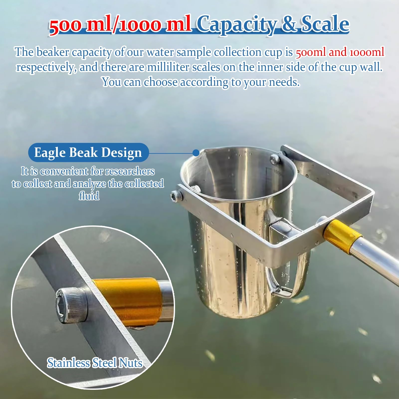 Retractable Water Sampling Pole, 1.5/2.1/3/4/5/6 M Telescopic Rod Water Quality Sampler, Stainless Steel Water Sampling Dipper with 500ml/1000ml Graduated Cup(500ml,Telescopic Range 1m~2.1m)