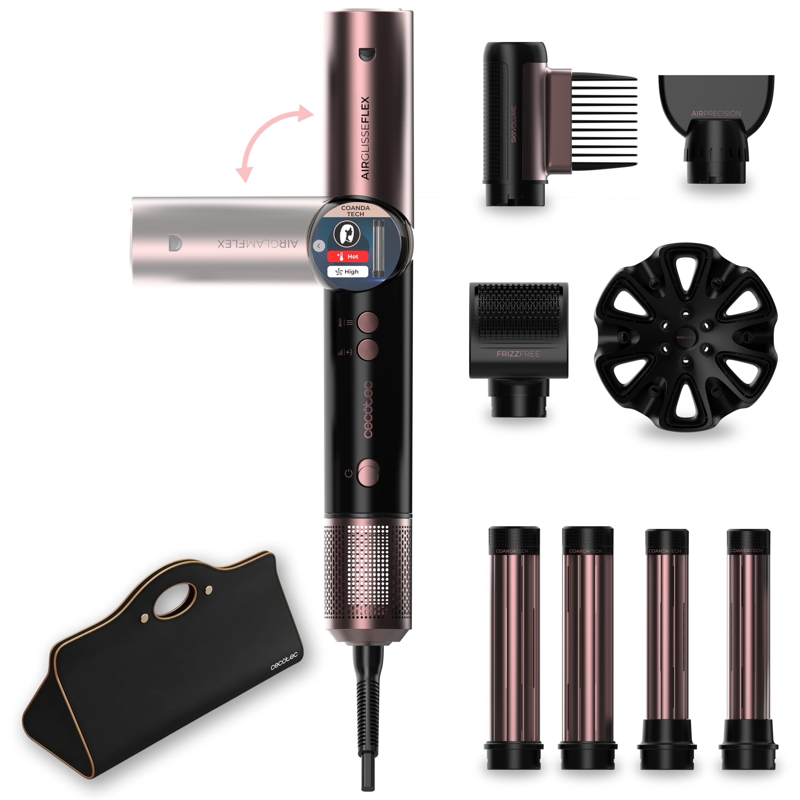 Cecotec Spazzola ad Aria Multistyler AirGlisse 8in1 Flex Black. 8 Accessori Intercambiabili, Manico Pieghevole, Display TFT, Tecnologia CoandaTech Anti Crespo, Custodia in Pelle, Styling Da Salone