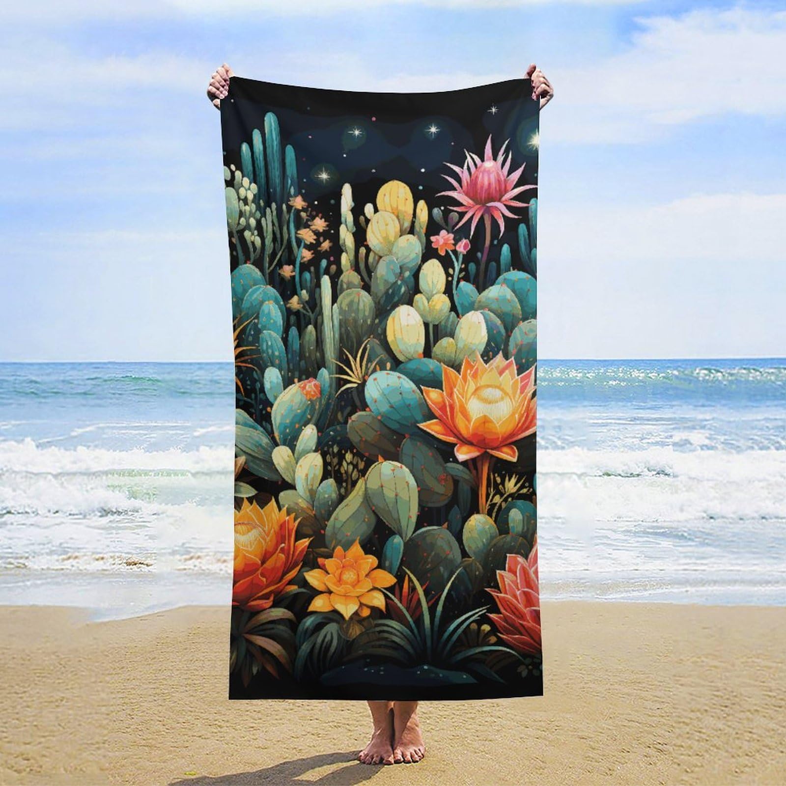 NTVOWPZO Colorful Cactus Pattern Beach Towel Oversized Microfiber Bath Towels Lightweight Sand Proof Beach Towels Absorbent Pool Towels for Swimming Yoga Bathroom Towel 31.5" X 63"