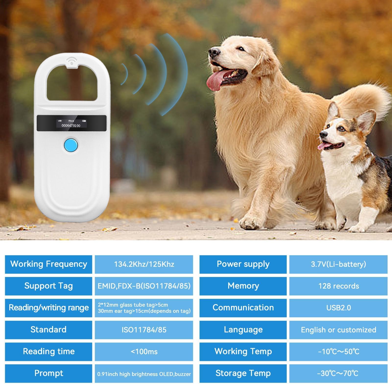 Escáner de microchips para mascotas, lector de microchips para mascotas, lector de microchips RFID EMID recargable, escáner de microchips para perros, escáner de chips para perros, gatos