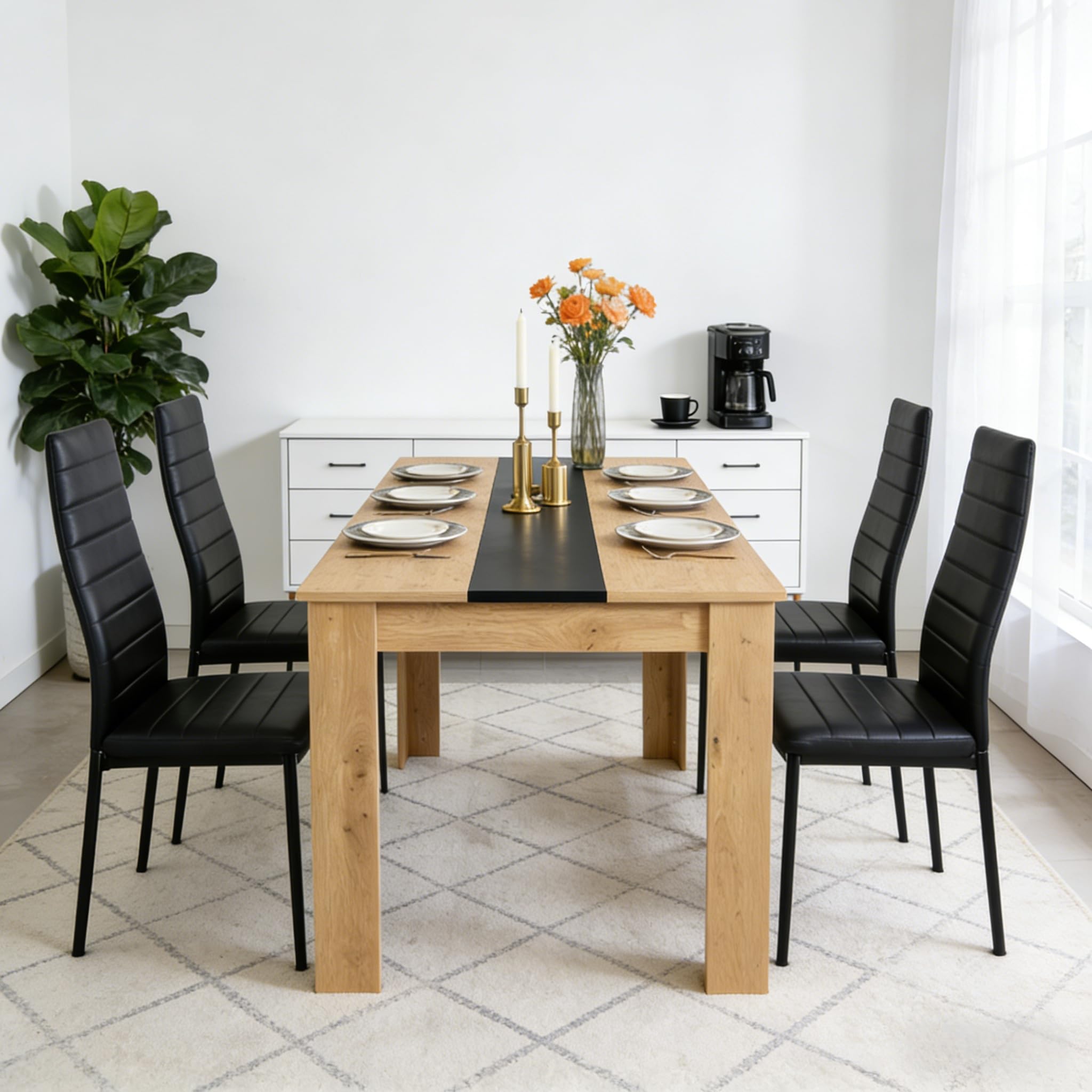 Ensemble 1 Table et 4 Chaises, Table a Manger:110x70x75cm, Chaise:40x39x98cm, Table Rectangulaire 110cm (MDF Épais), Chaises Similicuir Noir, idéal pour Salle à Manger, Cuisine et Salon
