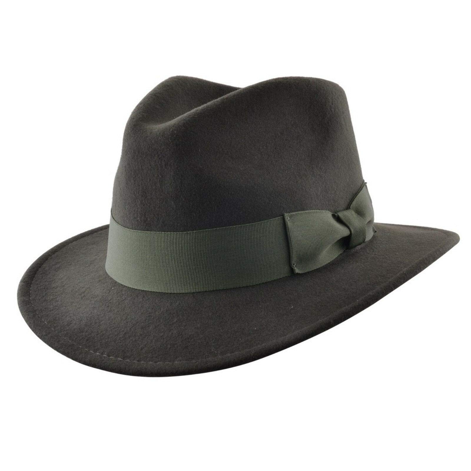 Hand Made Crushable Felt Fedora HAT 100% Wool Elegant Gents HAT with Wide Band Indiana Style (Dark Green, Large =59 cm)