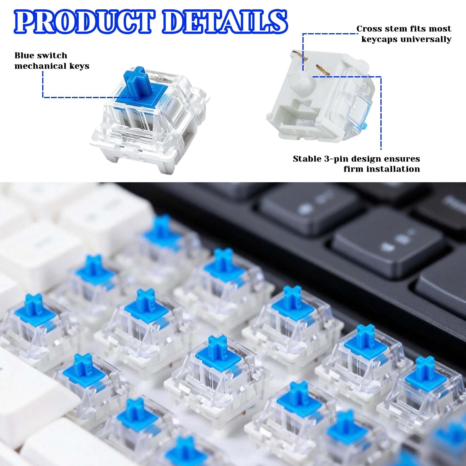 Lot de 38 commutateurs de clavier mécaniques de rechange tactiles à 3 broches, avec extracteur de touche, pour la saisie de jeu, commutateur mécanique à réponse tactile pour claviers (bleu)