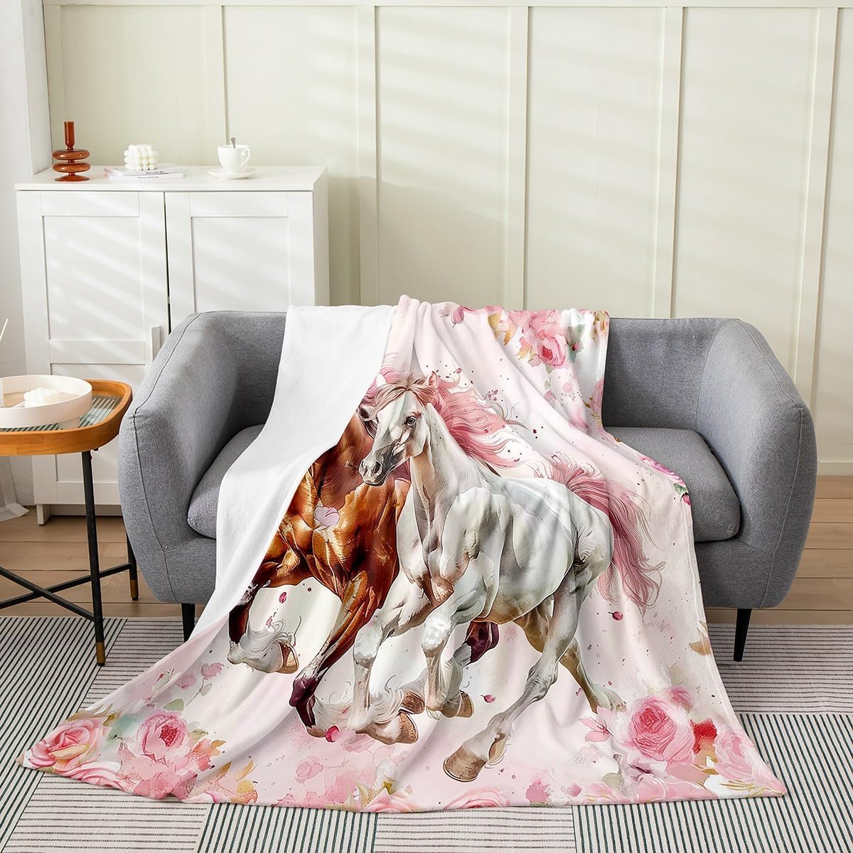 Galloping Horse Flannel Blanket Queen 90"x90",Western Horse White and Brown Bed Sofa Blankets for Kids Boys,Watercolor Blooming Flowers Fuzzy Blanket,Cute Cowgirl Cowboy Breathable Blanket