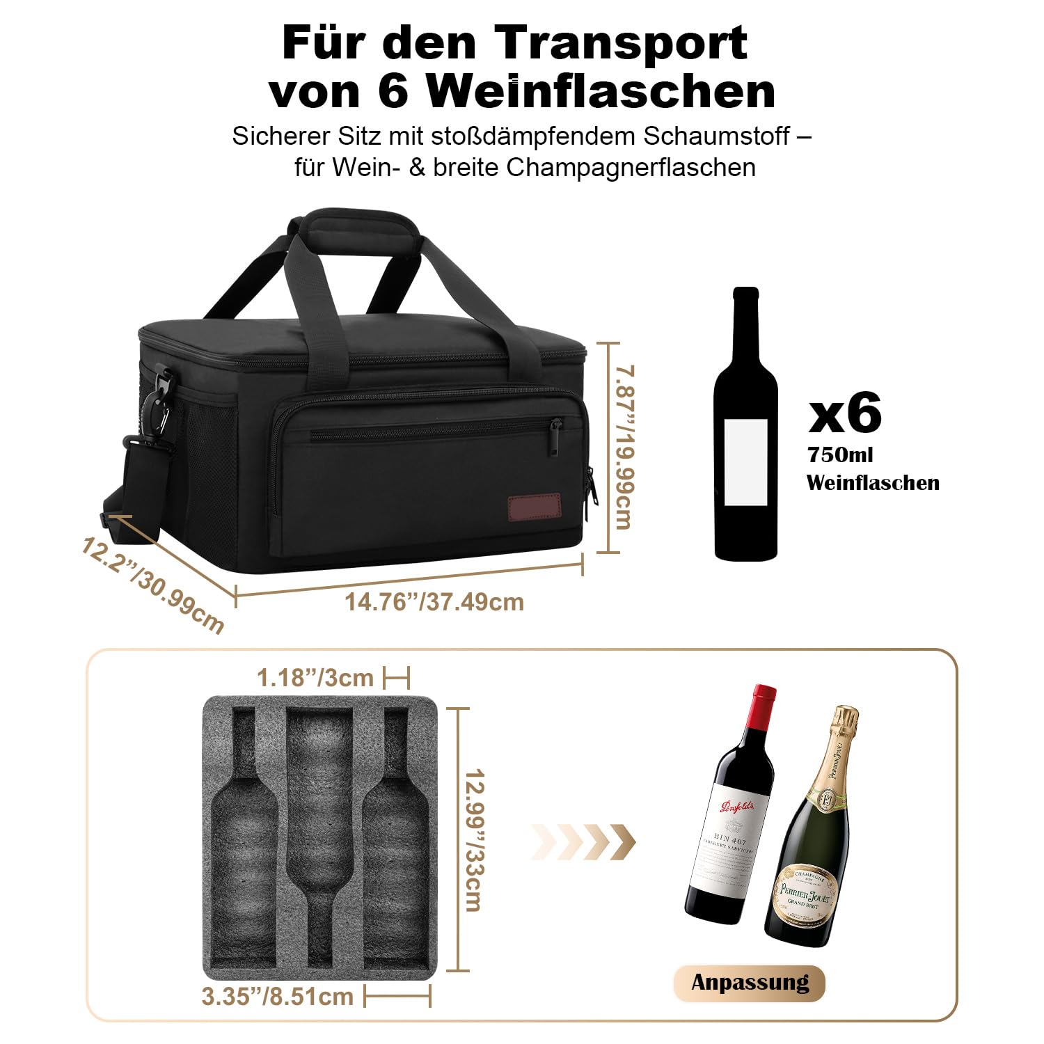 Bolsa de vino para 6 botellas de viaje, caja de vino con doble capa de espuma que absorbe los golpes, bolsa protectora para viajes en avión, bolsa de transporte para 6 botellas para viajes y