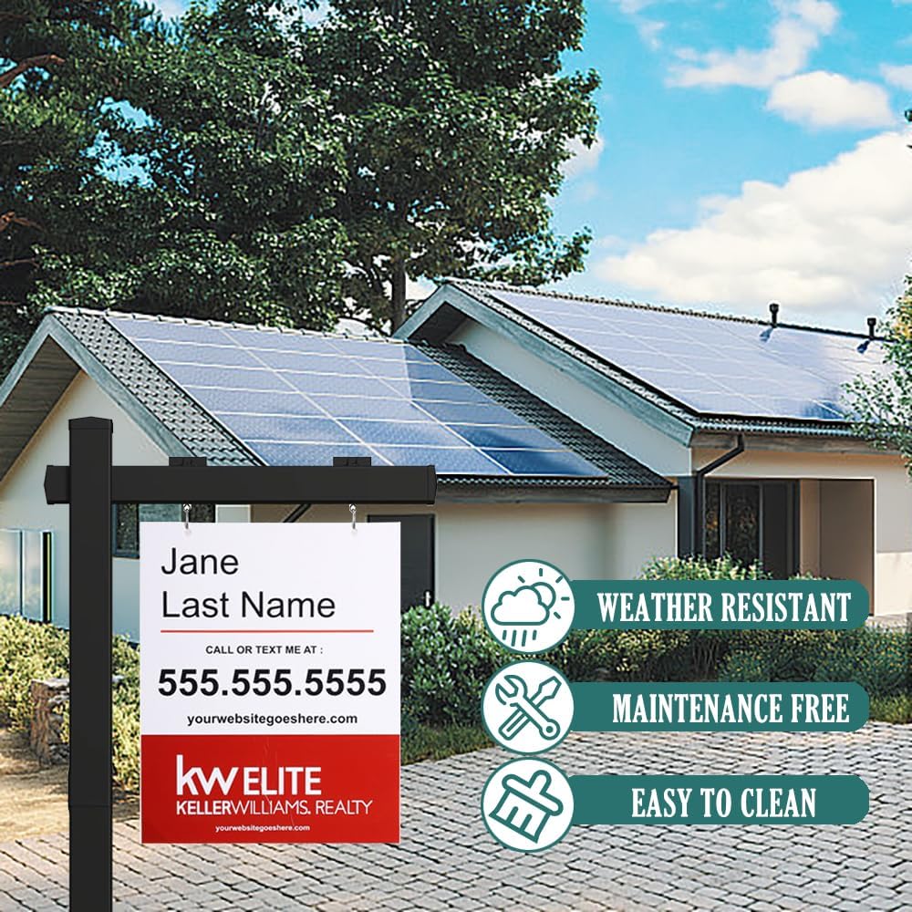 Vinyl PVC Real Estate Sign Post 6' Tall (4"x 4"x 72"), Realtor Yard Sign Post with Flat Cap for Open House and Home for Sale, 47" Arm Holds Up to 36" Sign, Black (No Sign)