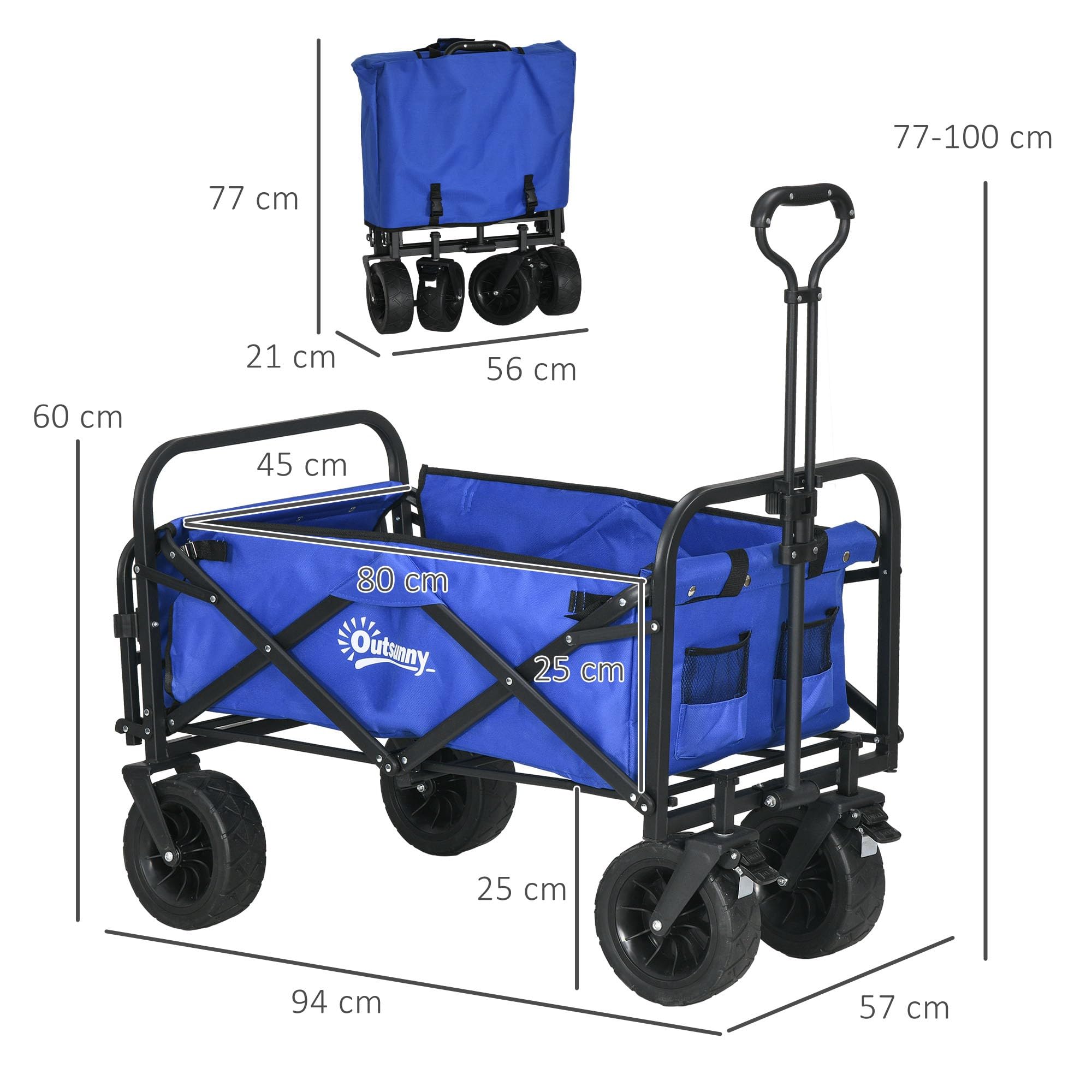 Outsunny Chariot de Jardin et Plage Pliant 100 kg Bleu Foncé | Longueur et angle de poignée réglables, porte arrière, sac de transport, pour shopping