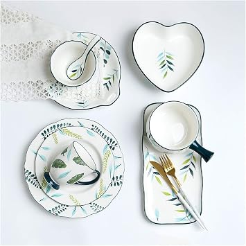 Dinnerware Set 14 Piece Hand-painted Plants Dinnerware Sets Elegant Couple Ceramic Plates Set and Dishes Set Household Pastoral Style Dinner Plate Sets Dinnerware and Serveware Set