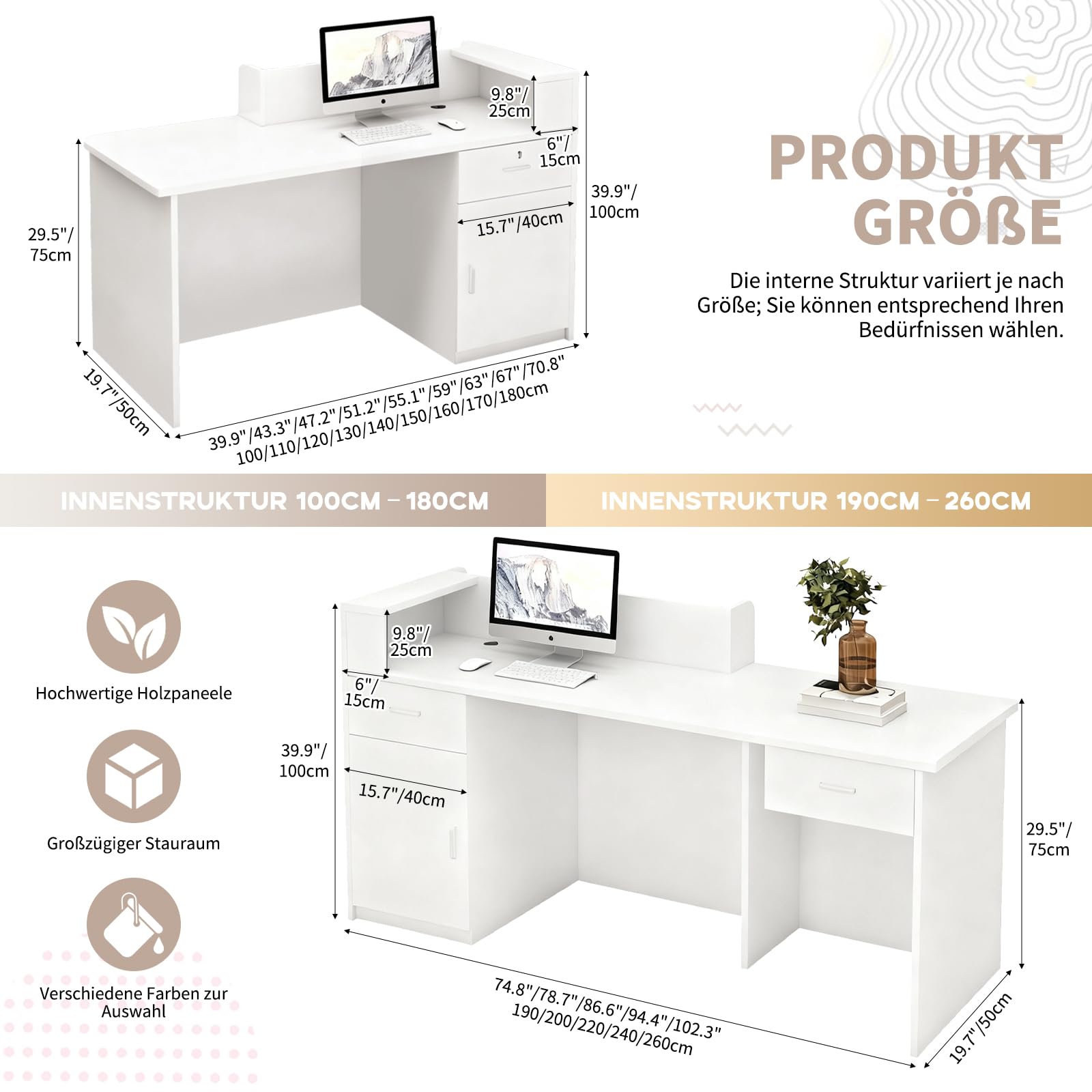 Empfangstheke mit abschließbarer Schublade und Schrank, Rezeptionstresen aus Massivholz mit Stauraum, 100–240 cm, Moderne Empfangstheke für Büro, Salon, Lobby und Geschäft