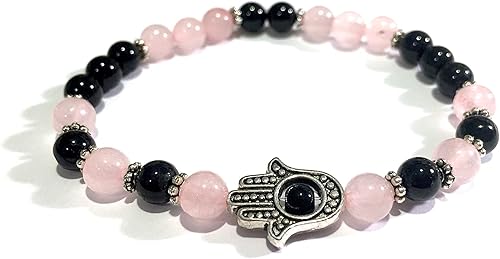 Handmade Hamsa Hand, Rose Quartz, Black Tourmaline Healing Bracelet 7 Inches