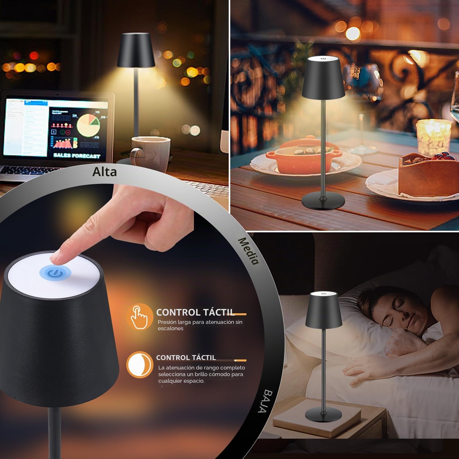 2 lámparas LED de mesa con batería regulable, inalámbrica, recargable, luz cálida, 3000 K, para interior y exterior, con USB-C, aluminio, IP54, resistente al agua, color negro [clase energética A]…