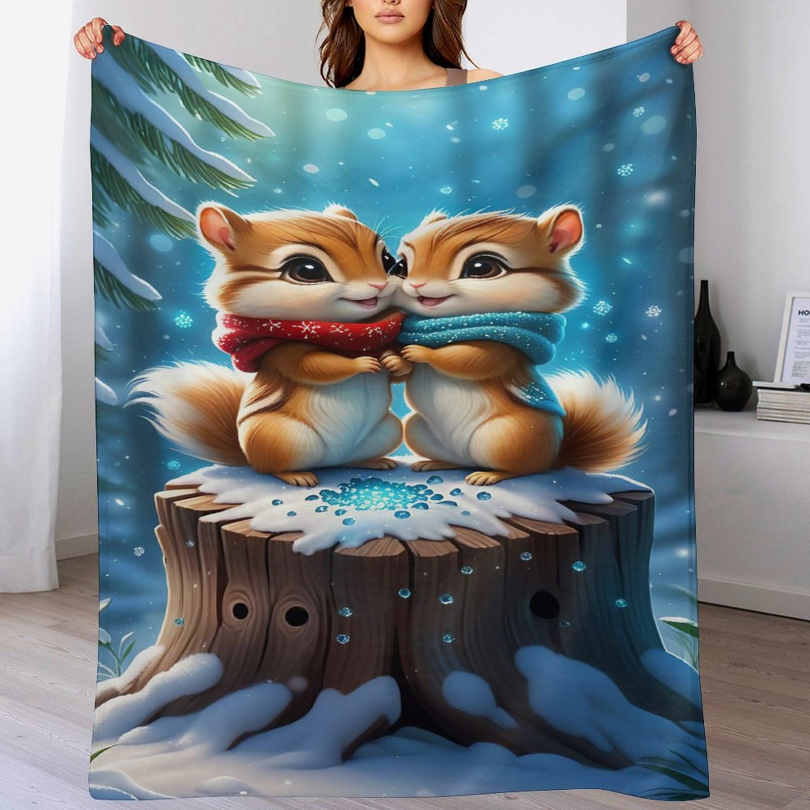 Couverture polaire écureuil pour cocooning au salon sur le lit 180x200