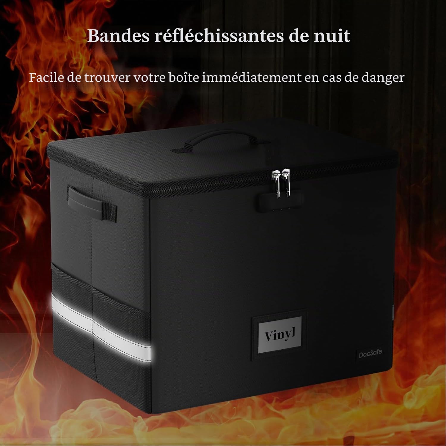 DocSafe Boîte de rangement ignifuge pour disques vinyles avec serrure, Noir , 41x33x33cm, Poche pour carte d'identité