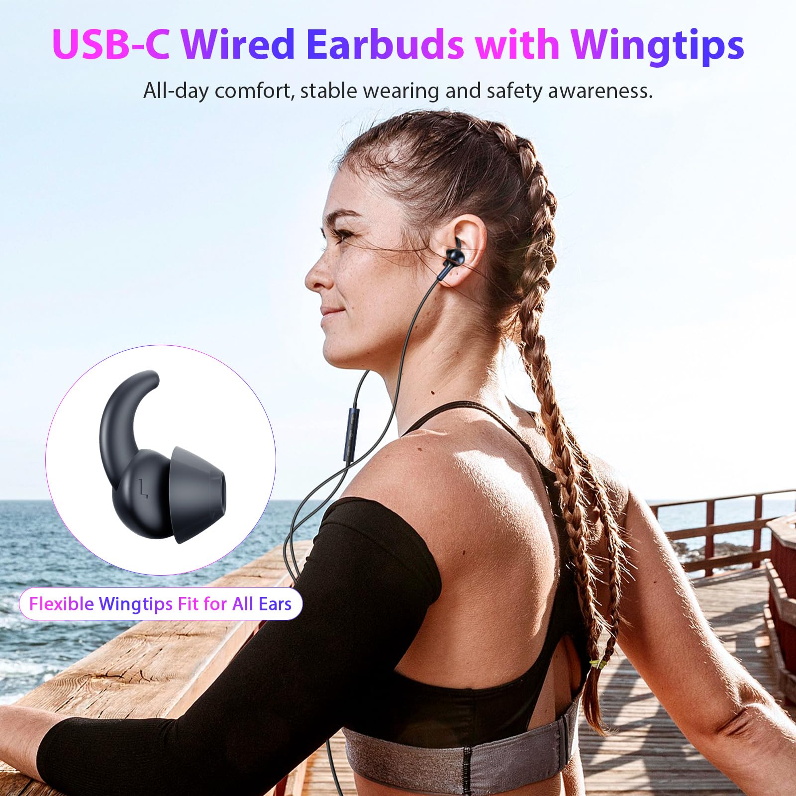 APETOO Auricolari con cavo USB-C con alette anti-allarme/ferite, per iPhone 16 15/iPad/Samsung/Android, microfono e controllo del volume, bassi stereo puri, cancellazione del rumore, auricolari in-ear