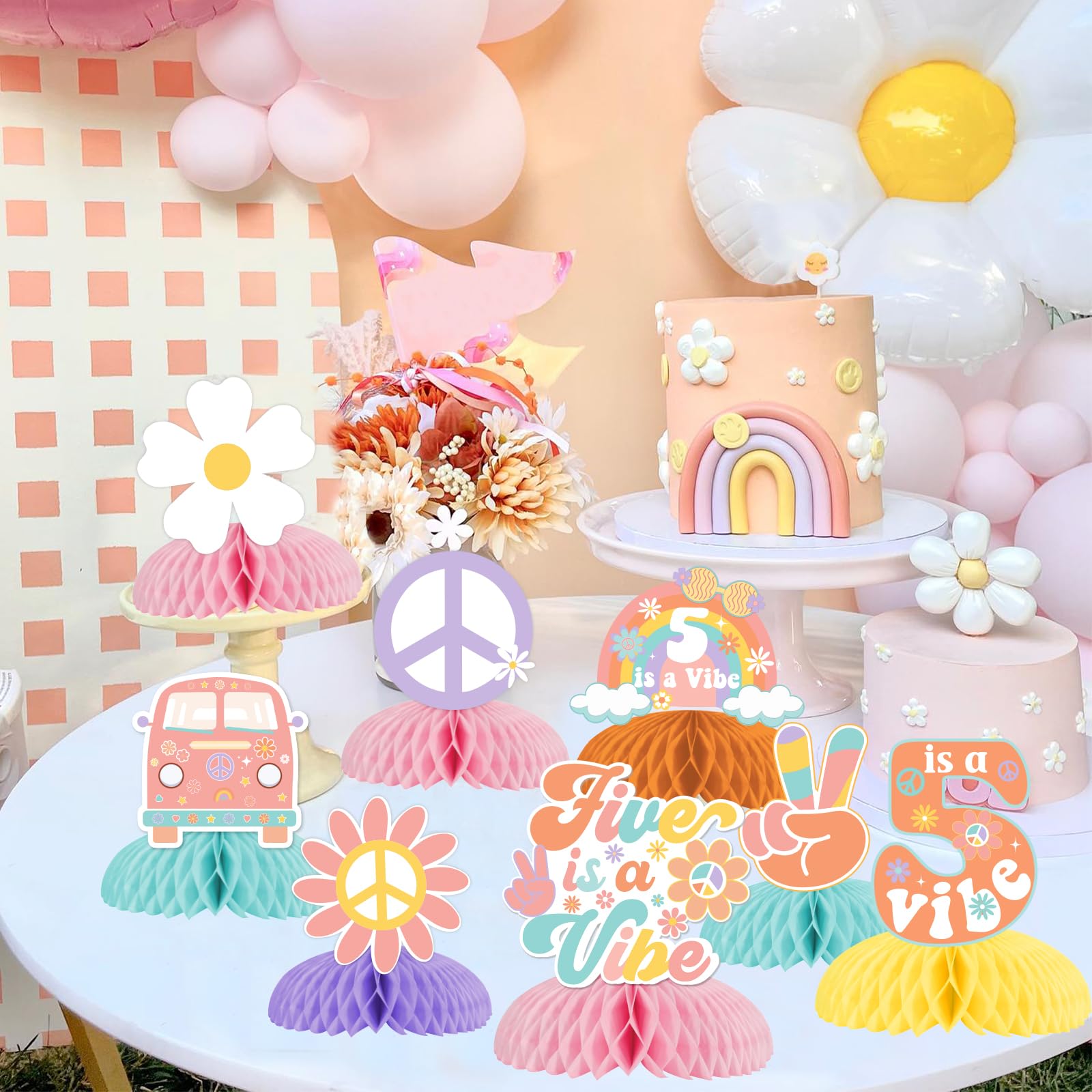 Fangleland 8 Pieces Five Is A Vibe Honeycomb Centerpieces, Boho Girl’s 5th Birthday Party Decorations, Daisy Flower Retro 60s 70s Hippie Theme Table Toppers Decors Party Supplies