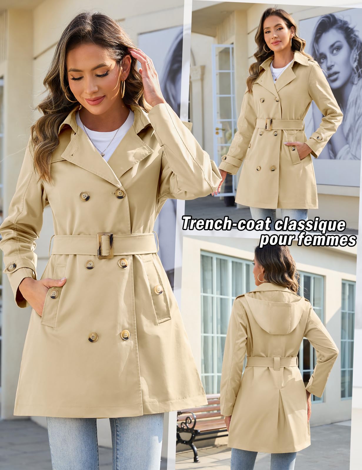Tuopuda Trench-Coat Femme Double Boutonnage Manteaux imperméables Longues Col Rabattu Classique Coupe Vent Veste Léger Casual Ajustée Manteaux