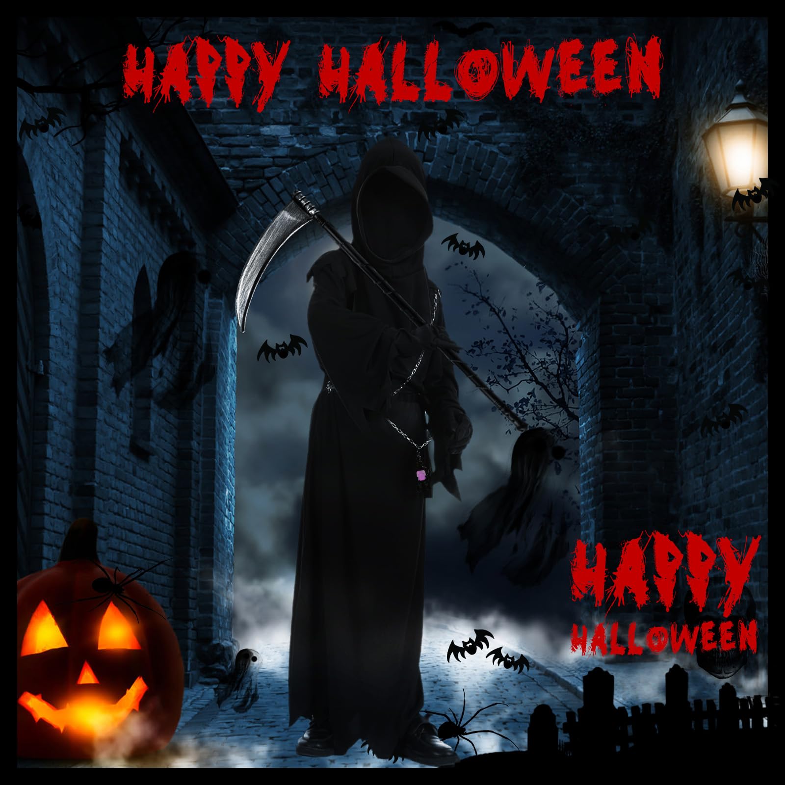 MEGETGOD Grim Reaper Costume, Scary Halloween Costumes Set including Scythe, Chain Belt, Glowing Skull Lantern - Image 4