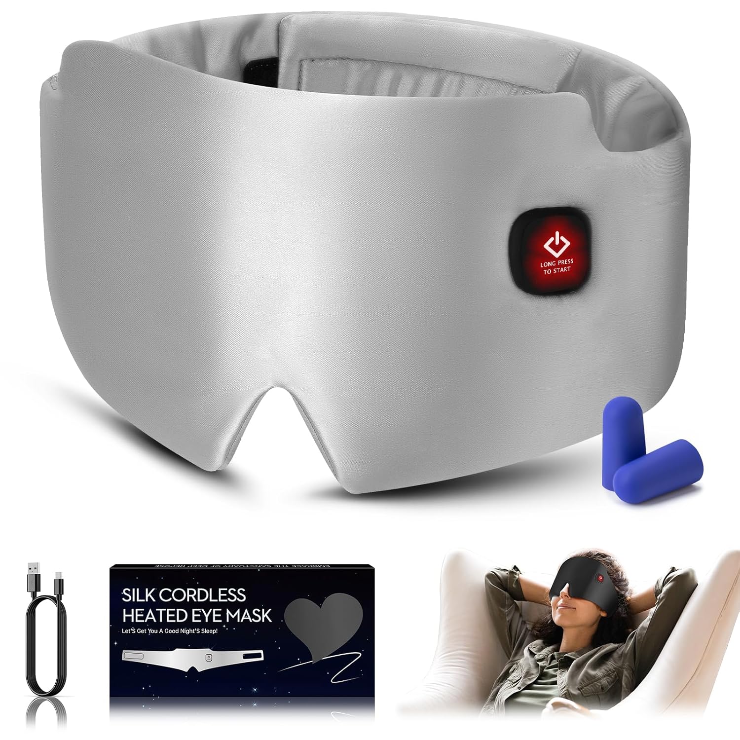 Silk Heated Eye Mask 2000mAh Large Size Cordless Sleep Mask Warm Eye Compresses Electric Eye Heating Pad for