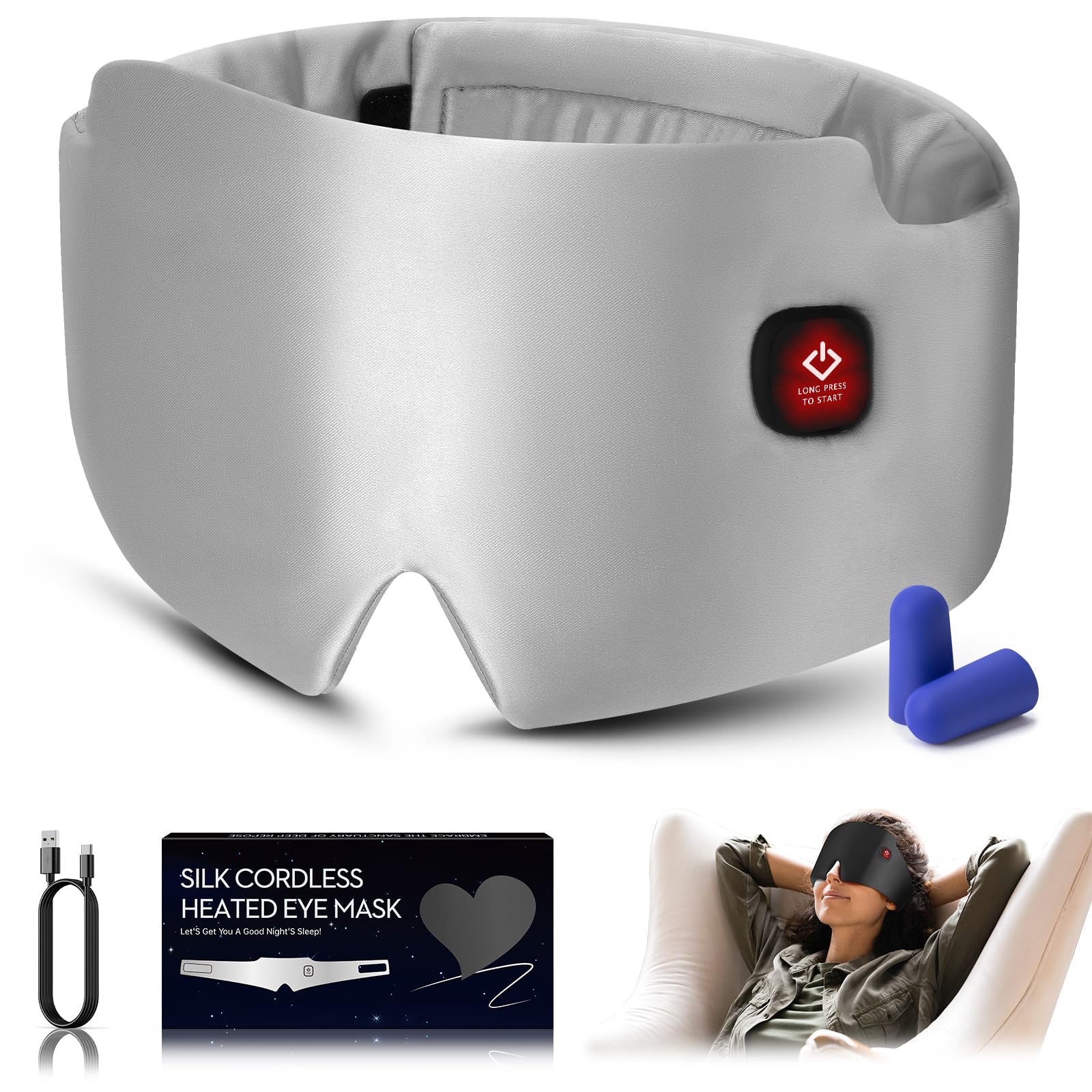 Silk Heated Eye Mask 2000mAh Large Size Cordless Sleep Mask Warm Eye Compresses Electric Eye Heating Pad for