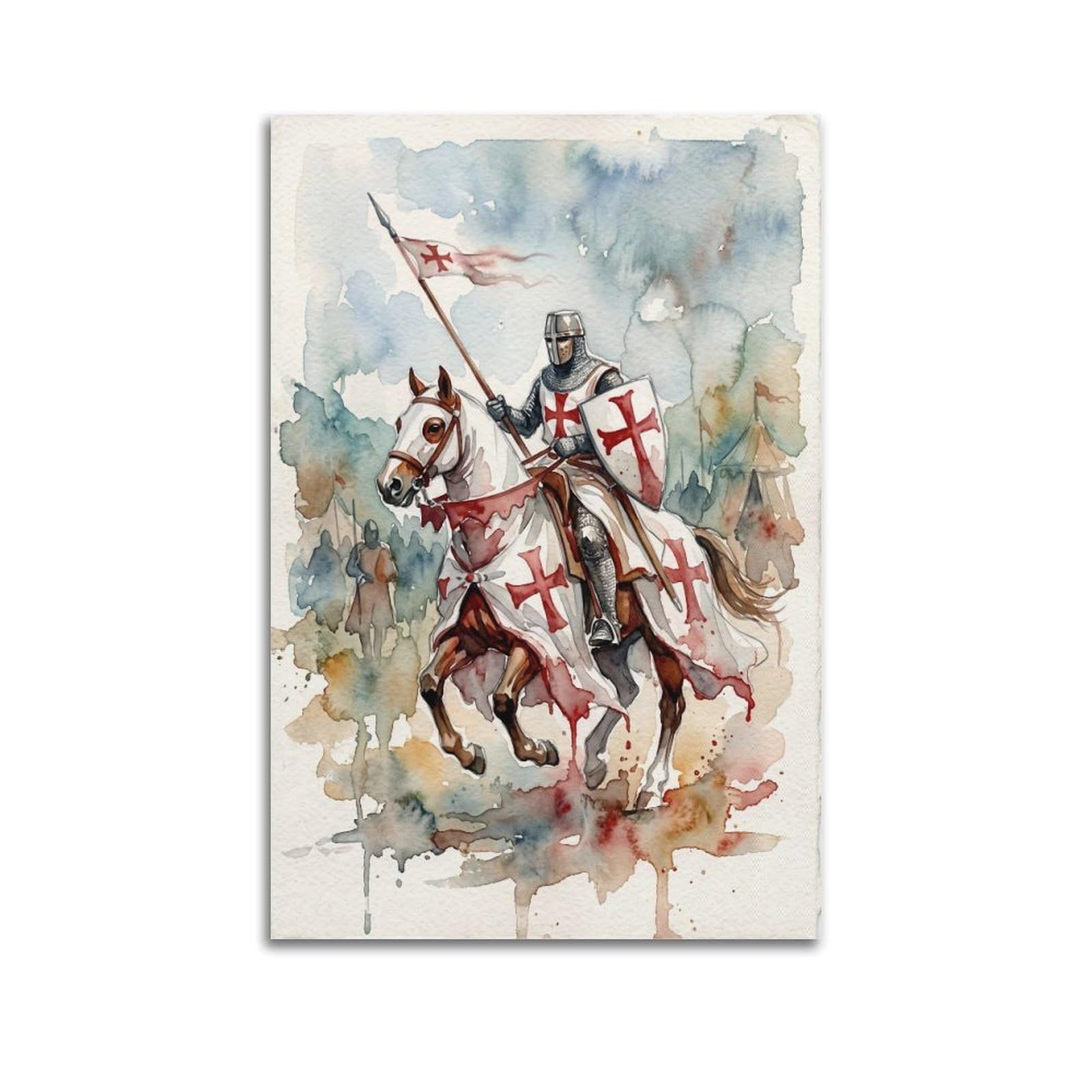 OKNGB Mounted Flag Rider Watercolor Templar Knight Poster Medieval Decorative Painting Canvas Art Picture 20x30inch(50x75cm)