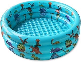 10Lección Dinosaur Inflatable Kiddie Pool for Toddlers - 48x12 Inch Blow Up 3-Ring Pool with Padded Bottom, Ball Pit & Toys