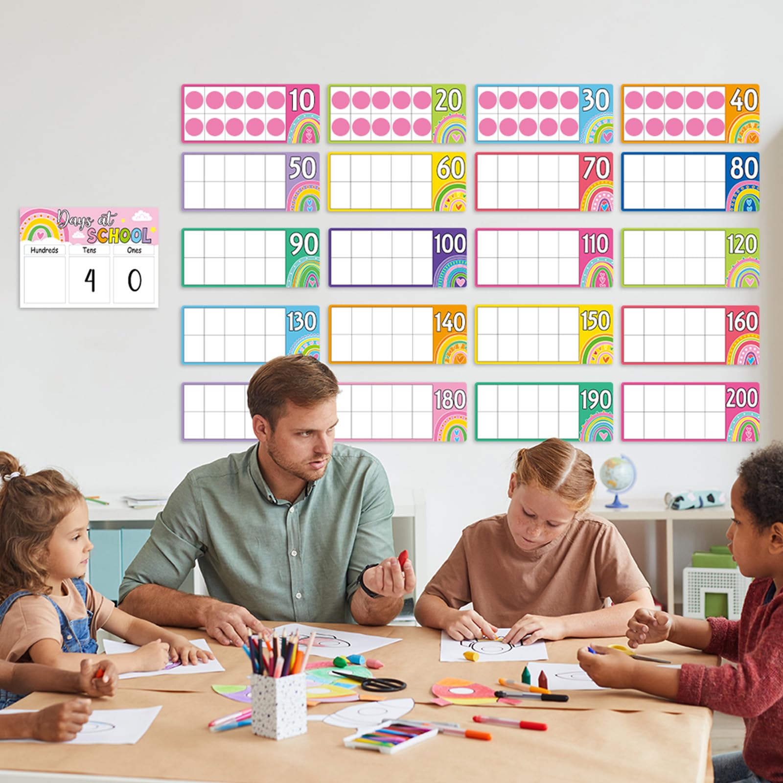 Poster coloré avec chiffres du jour pour le premier jour d'école - Compte à rebours pour la rentrée scolaire - Tableau d'affichage arc-en-ciel pour salle de classe (centaines de dizaines d'unes