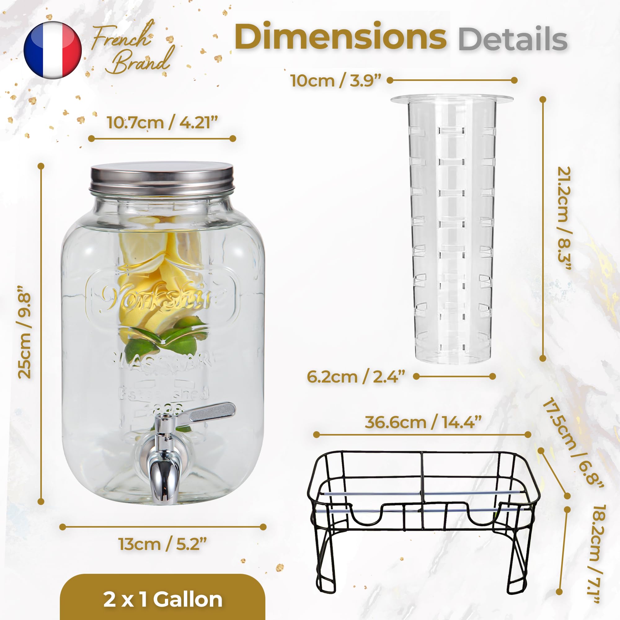 Distributeur De Boisson En Verre Double 2x4L Waudace - Robinet Inox, Filtres, Support Métal, Pour Fêtes
