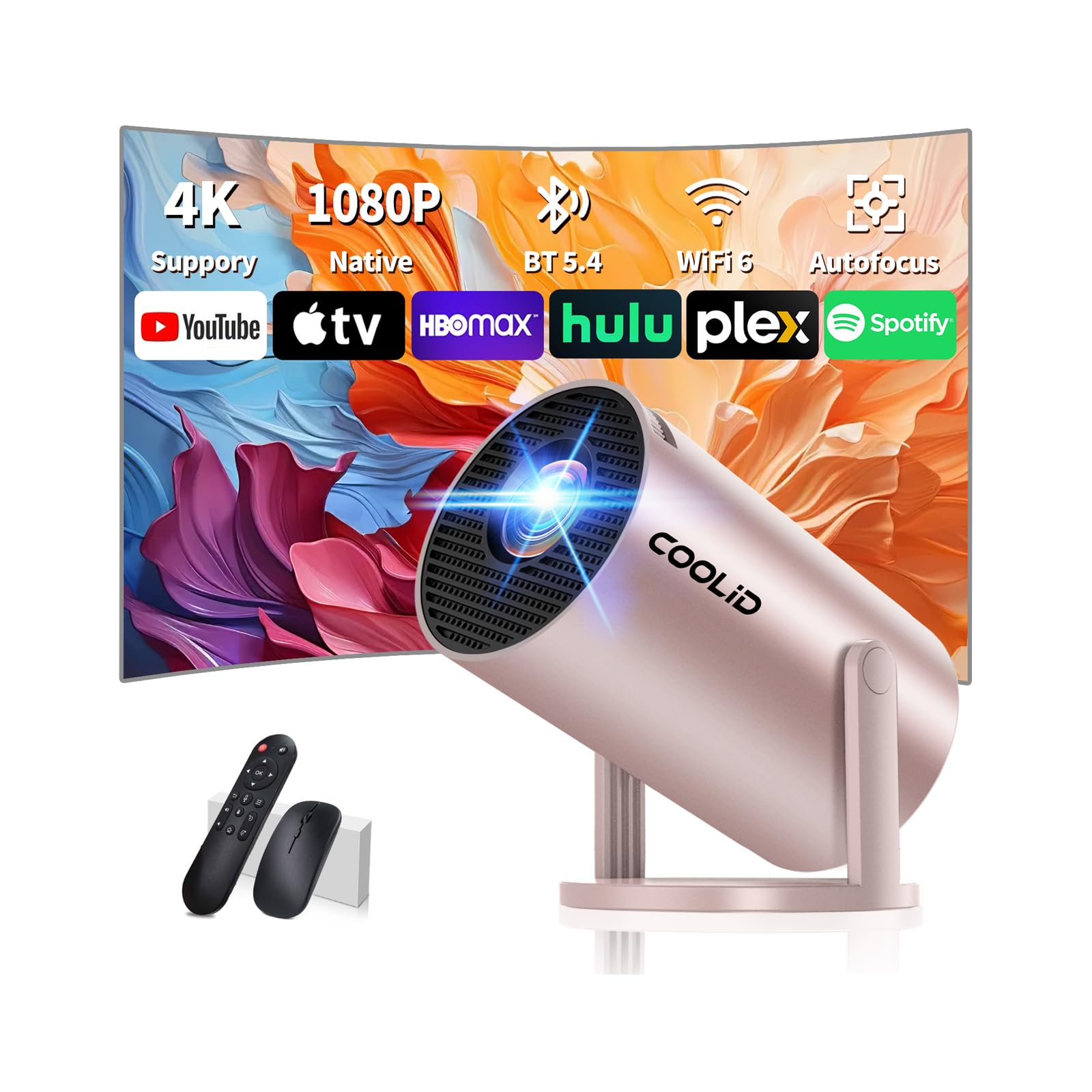 Photo 1 of [Built-in Apps & 2026 Upgraded] Mini Projector Support 4K 1080P Auto Keystone 180° Rotatable with WiFi 6 and Bluetooth 5.4, Projector Portable Compatibile with HDMI/TV Stick/Memory Stick/Laptop-Gold