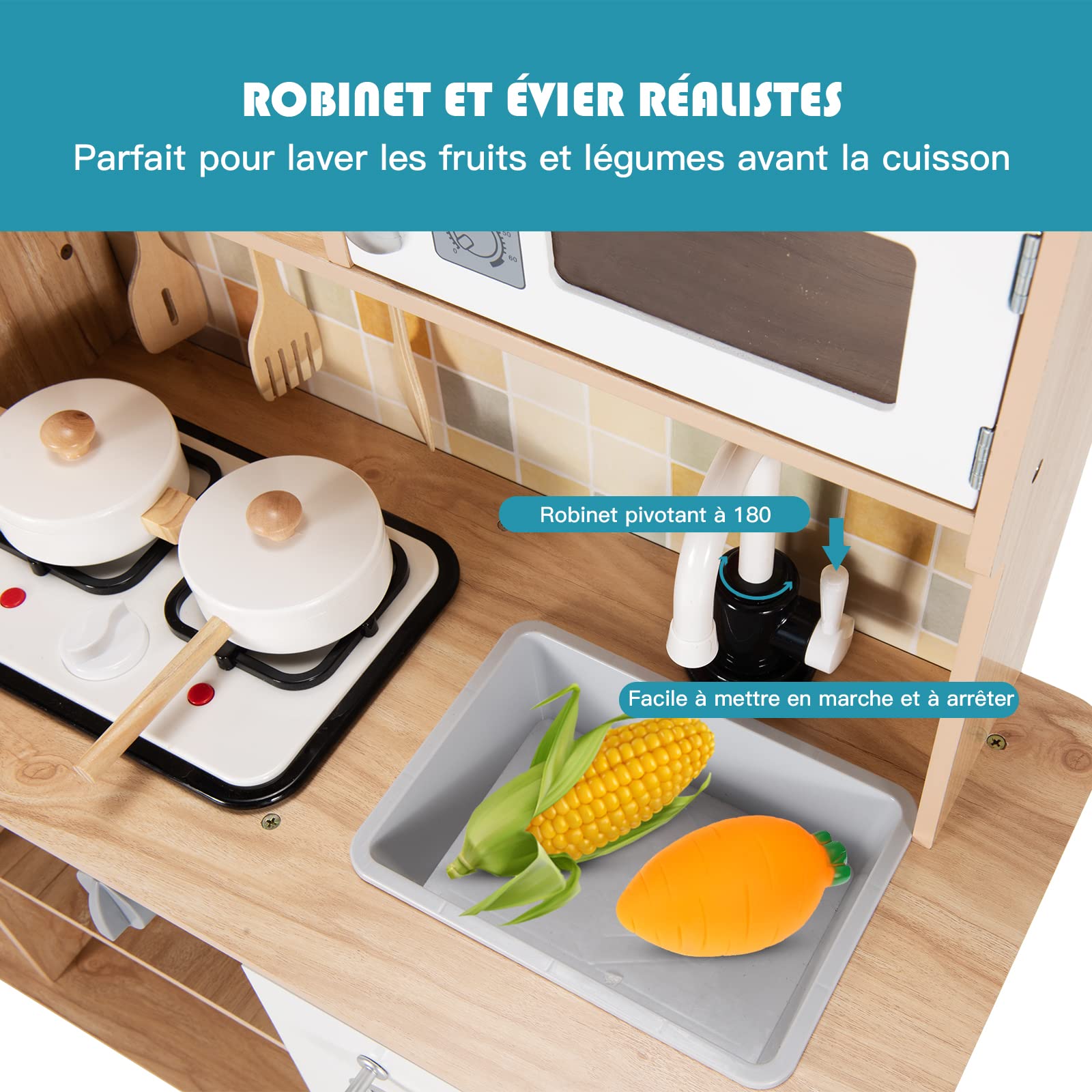 COSTWAY Cuisine pour Enfants avec Four Micro-Ondes et Robinet - 5 Accessoires Jouet d'Imitation pour Enfant de 3 à 7Ans 81 x 29 x 88,5 CM