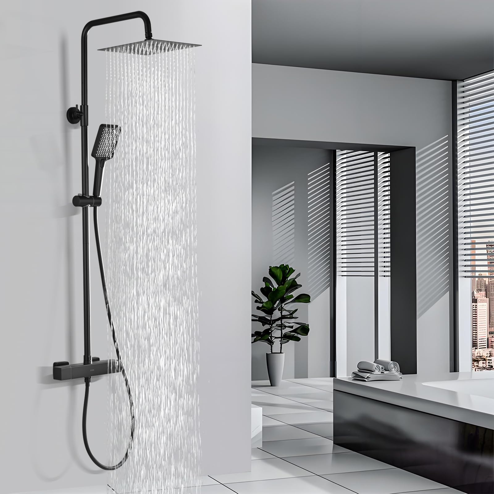 Juego De Grifo De Ducha Para Baño, 4 Funciones, Termostato De Ducha, Gris, Negro