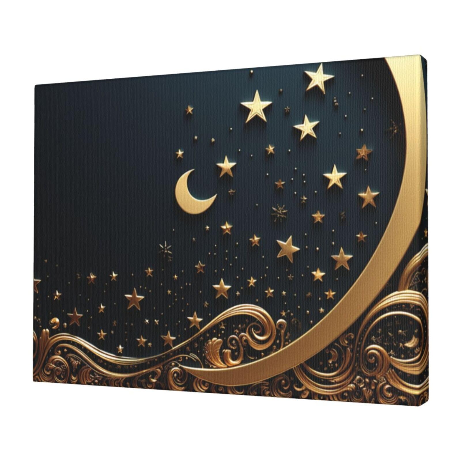 KLOPH Golden background and crescent moon Canvas Wall Art for Living Room 12"x16" Modern Artwork Painting for Bathroom Hanging Canvas Prints Aesthetic Wallart for Bedroom Kitchen Office Wall Decor